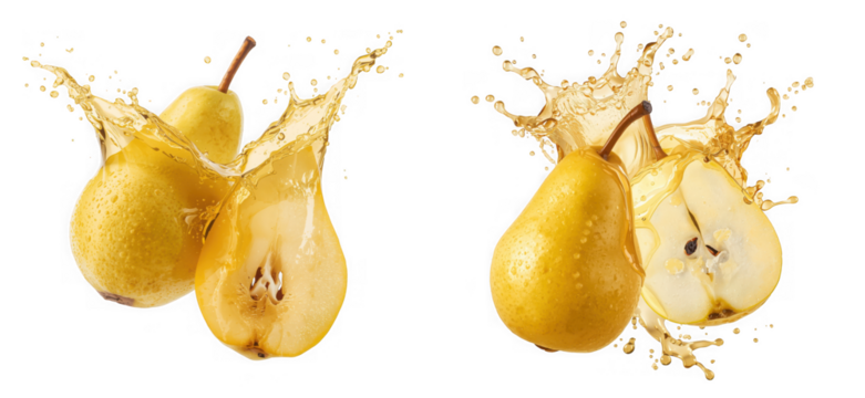Two fresh yellow pears, one cut in half, are isolated on transparent background, with juice splashing around them, creating a refreshing and vibrant image
