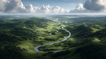 Serene aerial view captures a winding river gracefully flowing through lush green valleys, surrounded by verdant hills under a bright blue sky with puffy white clouds.