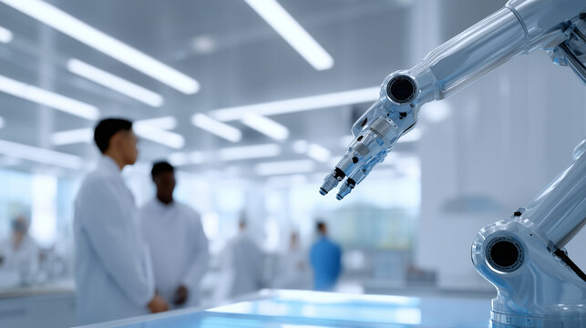 Futuristic robotics lab with engineers analyzing robot arm functions, modern research and technology development futuristic robotics lab, engineers analyzing