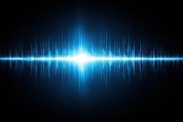 Abstract Blue Sound Wave Graphic on Dark Background with Bright Central Light