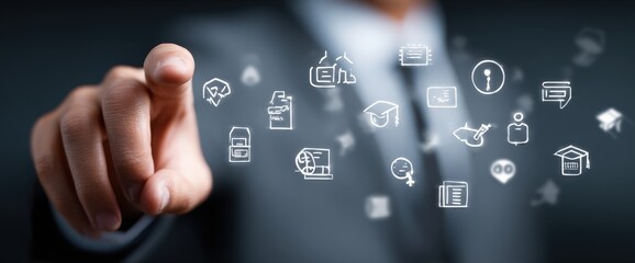 Businessman Pointing Finger Towards Icons Symbols In Dark Background Concept Of Digital Technology Communication
