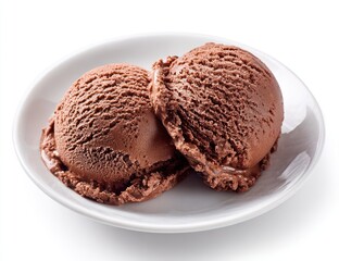 Two scoops of rich, dark chocolate ice cream on a small white plate