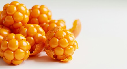 Yellow cloudberries arranged on a white surface with soft lighting  