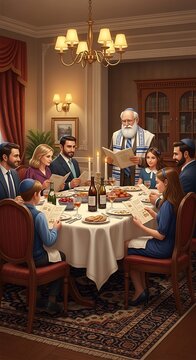 Family Celebrates Passover Seder Dinner with Traditional Rituals and Blessings.