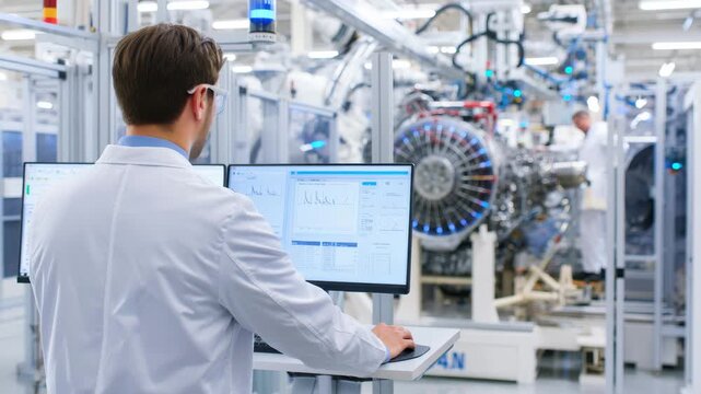 With precision, an engineer reviews performance metrics on a computer in a busy manufacturing plant dedicated to aircraft engine assembly. Colleagues work efficiently in the background