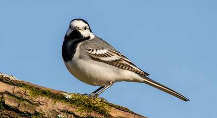 Close-up of a white wagtail bird perched on a mossy branch against a clear blue sky