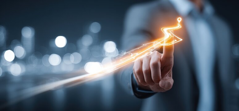 Businessman's Hand Touching Digital Interface with Glowing Trail against Bokeh Lights in Background