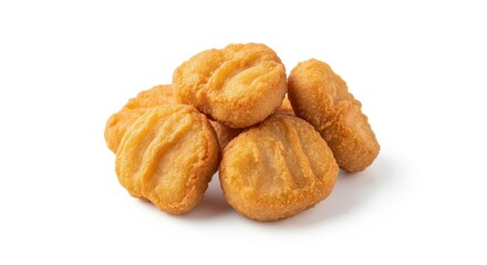 Pile of delicious golden brown chicken nuggets on white background