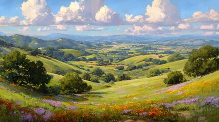 Verdant rolling hills and meadows are bathed in bright sunlight, showcasing lush greenery, vibrant wildflowers, and a clear blue sky dotted with fluffy white clouds in this tranquil landscape...