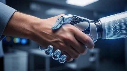 Futuristic handshake between human and robot shows AI business deal in modern setting representing collaboration and progress - Powered by Adobe