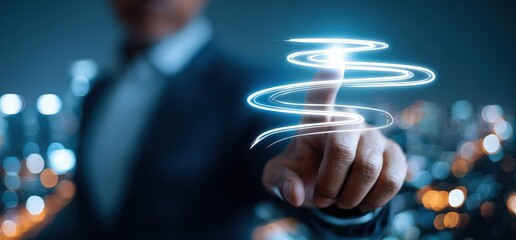 Businessman Touching Futuristic Digital Interface with Glowing Light over Cityscape at Night