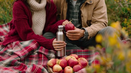 Couple enjoys a cozy picnic with apples and a thermos in a flower-filled meadow on a sunny autumn day