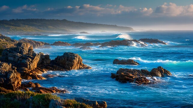 Spectacular coastal scene featuring vibrant blue ocean waves crashing against jagged, weathered rocks, illuminated by golden sunlight.