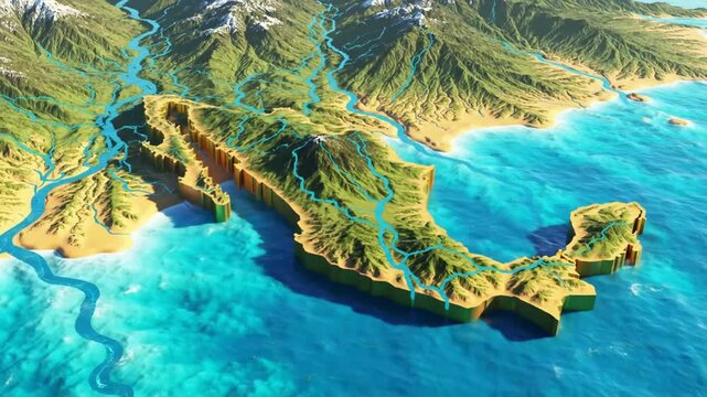 Three dimensional illustration of land formation with water features