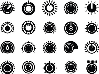 Volume Control Knob Icon Set and Audio Adjustment Dial Vector Collection Group of Sound Mixer, Music Equalizer, Tuning Button, Level Switch, Radio, Interface Symbol in Black Flat Style