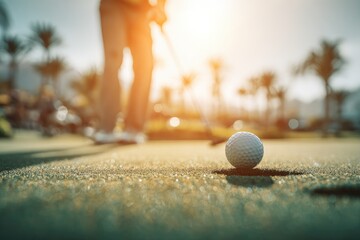 A golfer lines up a putt on a green course, with a ball near the hole and sunlight