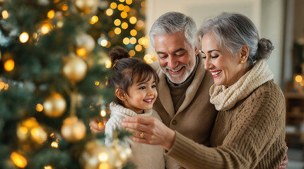 Generational Joy: Close-up Portrait of Grandparents and Grandchild Decorating Christmas Tree with Warm Smiles