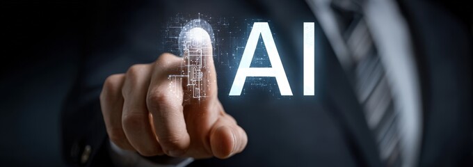 Businessman Touching Holographic Artificial Intelligence Text Digital Transformation Concept Dark Background