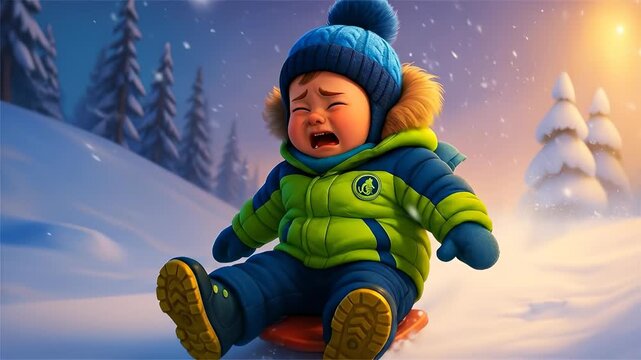Upset Cartoon Toddler Crying While Sledding in a Snowy Forest