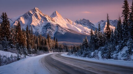 Majestic snow-capped mountains are illuminated by golden sunlight, casting a warm glow on the peaks as a road winds through a snow-covered forest, creating a serene winter landscape with a touch of...