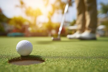 A golfer prepares to putt on a green, focus on the ball and the cup in bright sunlight