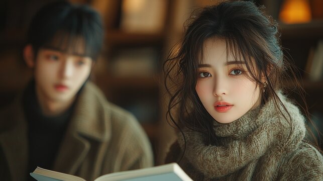 Portrait of a young woman with a book, blurred man behind