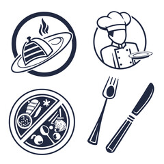 Food icons set, plate, fork, knife and spoon, set logotype menu, cutlery icon, tableware sign, catering icons, restaurant signs