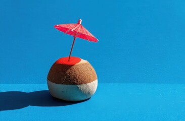 Stylized Coconut Cocktail Garnished with a Red Umbrella against a Bright Blue Backdrop
