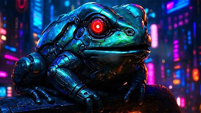 Cyberpunk Robotic Frog with Glowing Red Eye in a Neon City