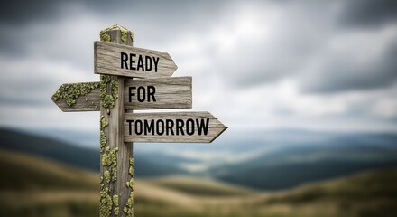 Rustic wooden signpost with motivational messages pointing towards a brighter future and new beginnings