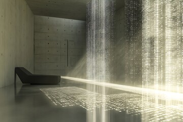 Minimal corporate setting with floating binary code, digital shadows on a seamless floor, and softly glowing financial icons orbiting slowly 