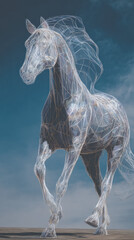 Transparent ethereal horse with glowing star design walking forward against blue sky, surreal fantasy digital art with mystical atmosphere, modern take on 2026 new year card
