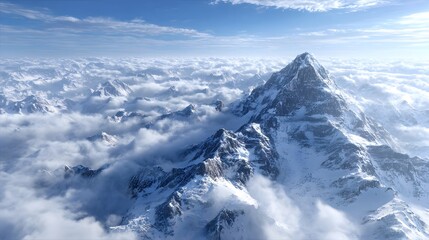 Majestic snow-capped mountains pierce through the ethereal, billowy clouds under a vibrant, clear blue sky, creating a picturesque and awe-inspiring natural vista.