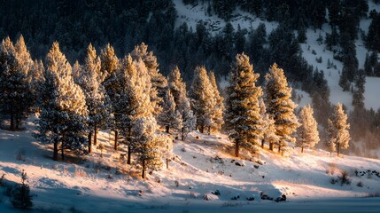 Frosty winter landscape presents a serene scene, showing snow-covered evergreen trees bathed in soft sunlight, with a tranquil atmosphere across the snowy hillside and distant forest.