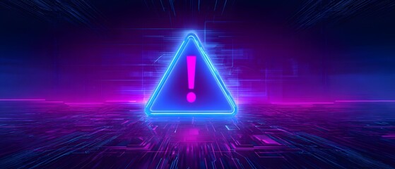 Neon glowing warning triangle with exclamation mark on futuristic digital background, cybersecurity alert and online system danger notification concept