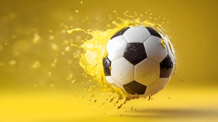 Naklejka premium Dramatic image depicts a classic black and white soccer ball bursting through a vibrant splash of bright yellow liquid against a monochromatic backdrop.
