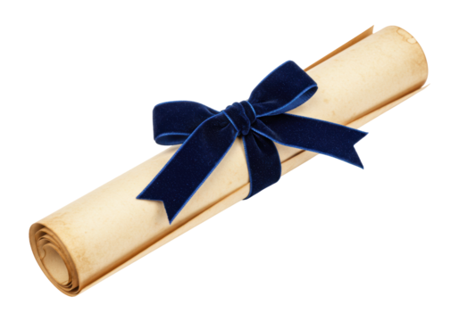 Isolated rolled parchment document tied with a navy blue velvet ribbon bow knot design