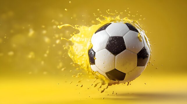 Dramatic image depicts a classic black and white soccer ball bursting through a vibrant splash of bright yellow liquid against a monochromatic backdrop.