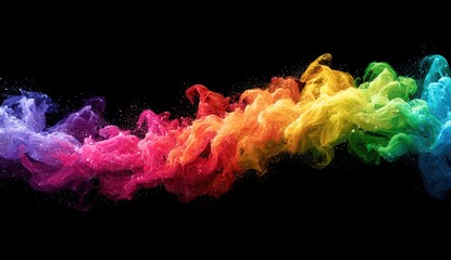 Abstract Rainbow Color Smoke Trail Against Black Background With Glitter Sparkles
