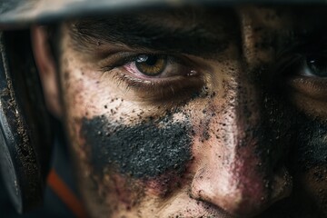 Close-up portrait of a baseball player with eye black and dirt on face, staring intensely, cinematic depth of field, moody sports poster look
