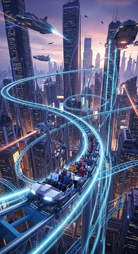 Futuristic Cityscape with Roller Coaster and Flying Vehicles at Sunset.