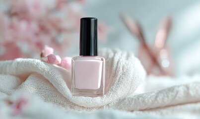 Elegant nail polish bottle in soft pink hues, ideal for beauty bloggers and spring promotions, conveys a sense of sophistication and delicate charm