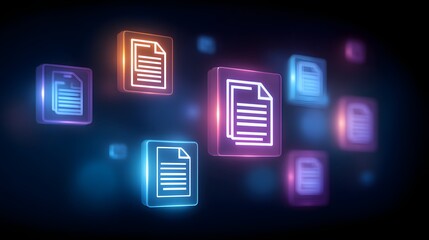 Digital document icon surrounded by technology symbols on blue background, concept of cloud data storage, workflow automation, and smart file management