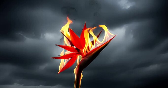 Vibrant bird of paradise flower engulfed in flames against a dark stormy sky