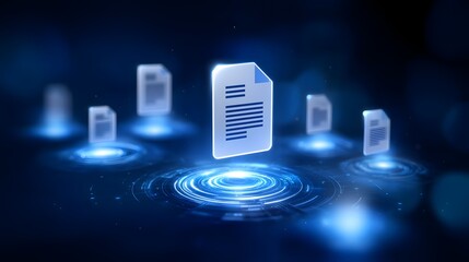 Digital document icon surrounded by technology symbols on blue background, concept of cloud data storage, workflow automation, and smart file management