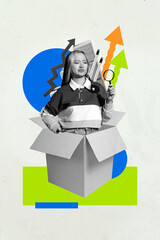 Artwork banner sketch collage of happy businesswoman businessman peek box arrow development ladder career promotion concept