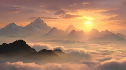 Fototapeta premium Majestic mountain range illuminated by a radiant sunset, where golden sunlight cascades down on clouds, creating a serene and breathtaking landscape.
