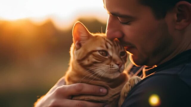 Golden hour portrait of man embracing an orange tabby cat in tender outdoor moment.