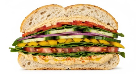 Vegetarian sandwich filled with hummus and fresh healthy vegetables