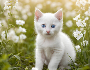 cat in the garden, A cute white kitten with blue eyes sits in a field of white flowers with soft lighting. white cat on green grass